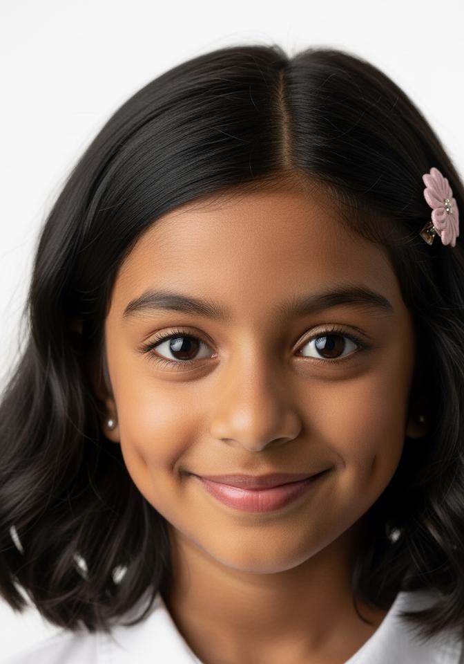 Anika — AI child model: Dark bob, flower hair clip, sweet presence